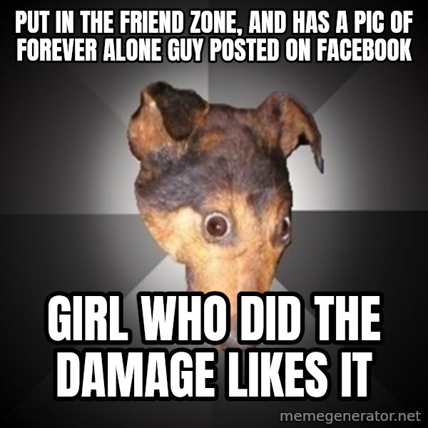 Depression Dog meme: Put in the  friend zone, and has a pic of forever alone guy posted on facebook / girl who did the damage likes it