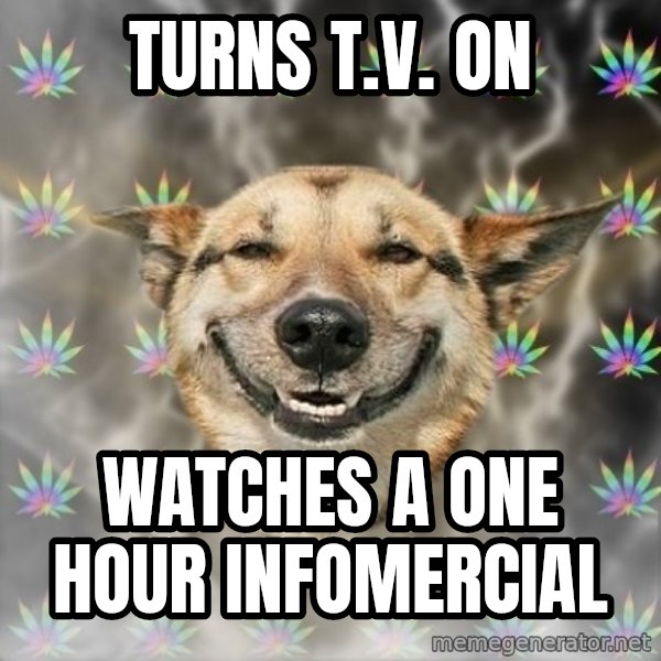 Stoner Dog meme: Turns t.v. on / watches a one hour infomercial