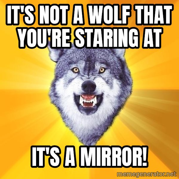 Courage Wolf meme: It's not a wolf that you're staring at / it's a mirror!