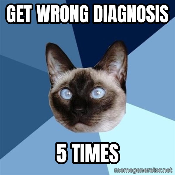 Chronic Illness Cat meme: Get wrong diagnosis / 5 times