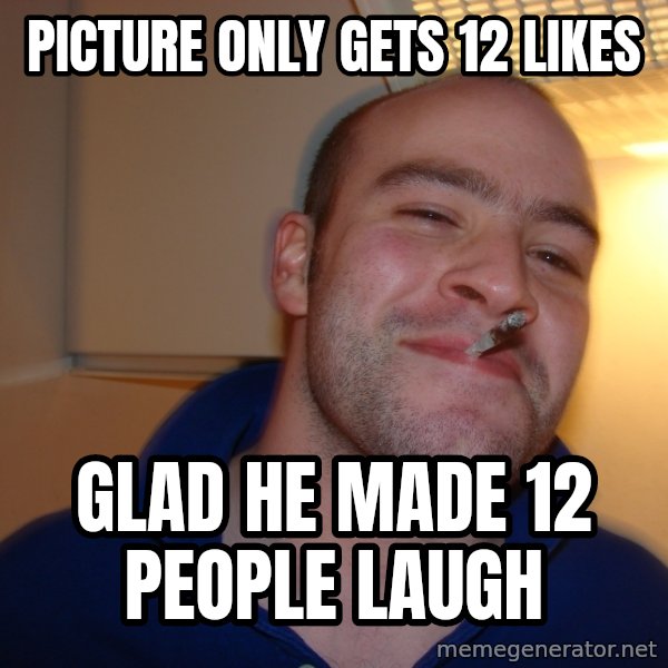 Good Guy Greg meme: Picture only gets 12 likes / glad he made 12 people laugh