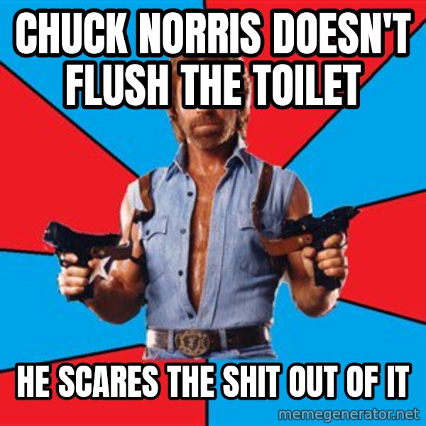 Chuck Norris  meme: Chuck Norris doesn't flush the toilet / He scares the shit out of it