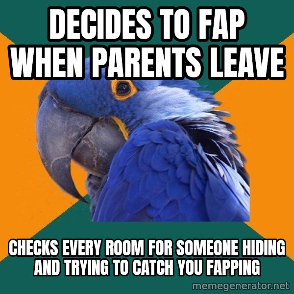 Paranoid Parrot meme: decides to fap when parents leave / checks every room for Someone hiding and trying to catch you fapping
