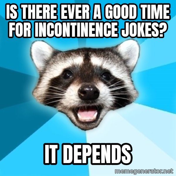 Lame Pun Coon meme: is there ever a good time for incontinence jokes? / it depends
