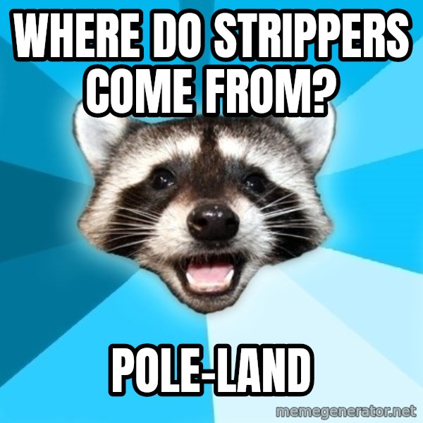 Lame Pun Coon meme: Where do strippers come from? / pole-land