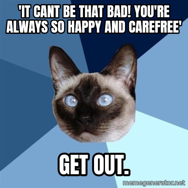Chronic Illness Cat meme: 'It cant be that bad! you're always so happy and carefree' / get out.