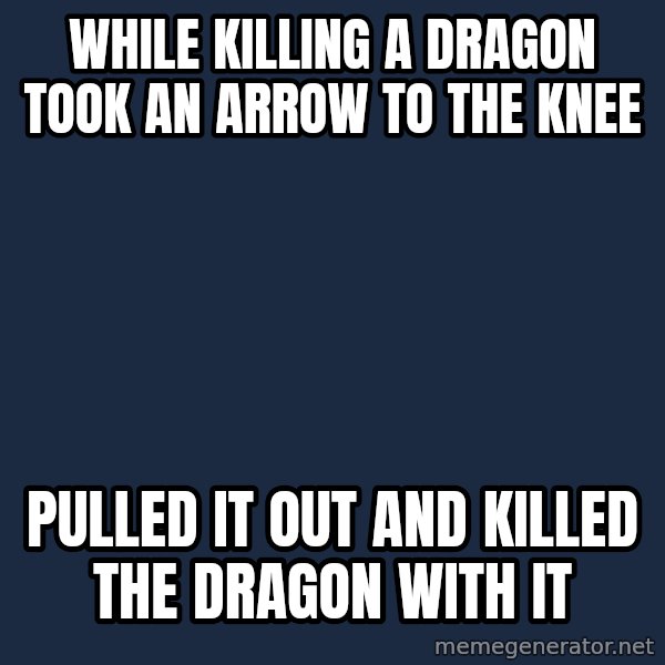 Courage Wolf meme: while killing a dragon took an arrow to the knee / pulled it out and killed the dragon with it