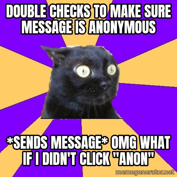 Anxiety Cat meme: double checks to make sure message is anonymous / *sends message* omg what if I didn't click "anon"