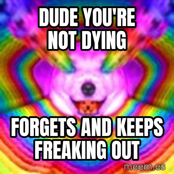 Final Advice Dog meme: dude you're not dying / forgets and keeps freaking out