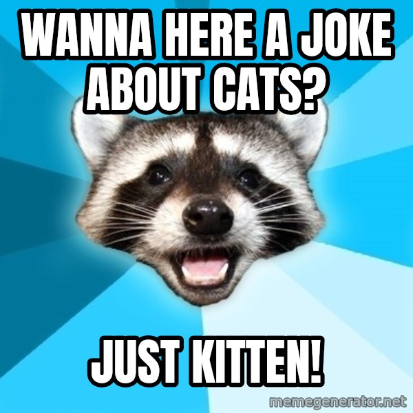 Lame Pun Coon meme: Wanna here a joke about cats? / Just kitten!