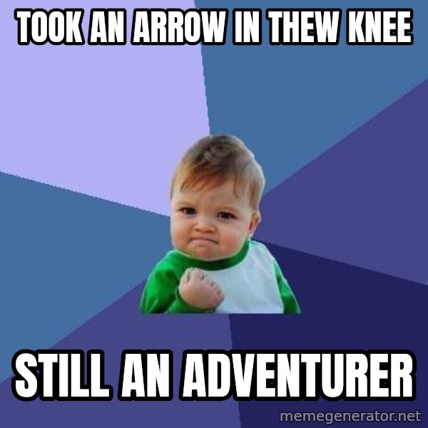 Success Kid meme: Took an arrow in thew knee / still an adventurer