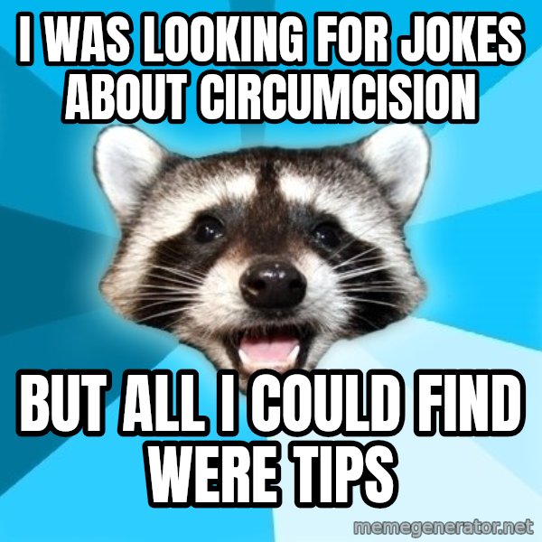 Lame Pun Coon meme: I was looking for jokes about circumcision / but all i could find were tips