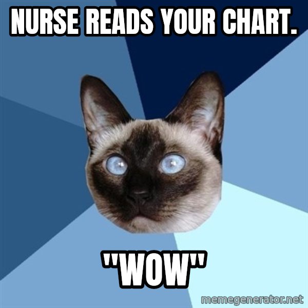 Chronic Illness Cat meme: Nurse reads your chart. / "WOW"