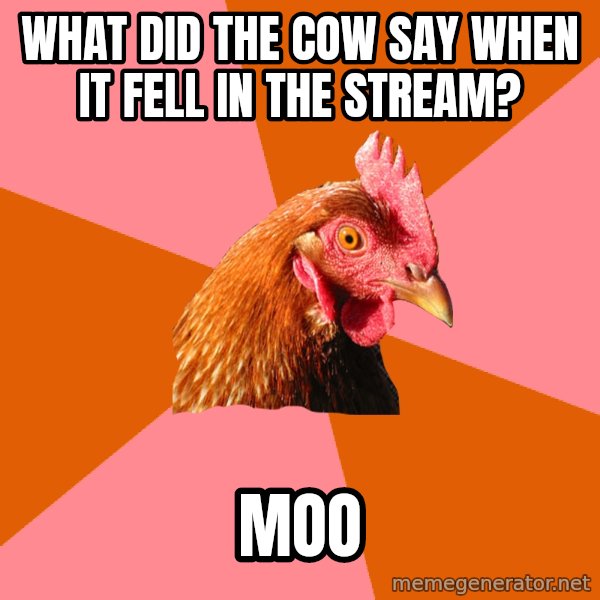 Anti Joke Chicken meme: what did the cow say when it fell in the stream? / moo