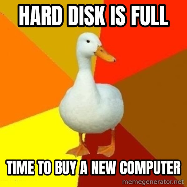 Technologically Impaired Duck meme: hard disk is full / time to buy a new computer