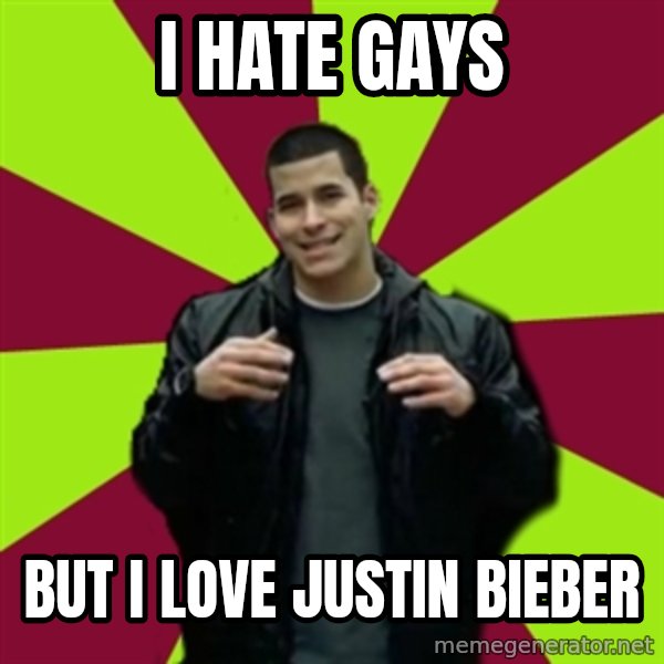 Contradictory Chris meme: I HATE Gays / BUT I LOVE JUSTIN BIEBER