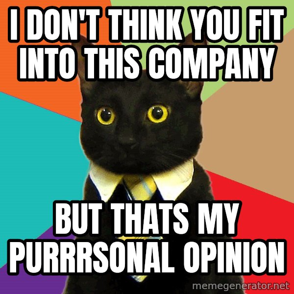 Business Cat meme: i don't think you fit into this company / but thats my purrrsonal opinion