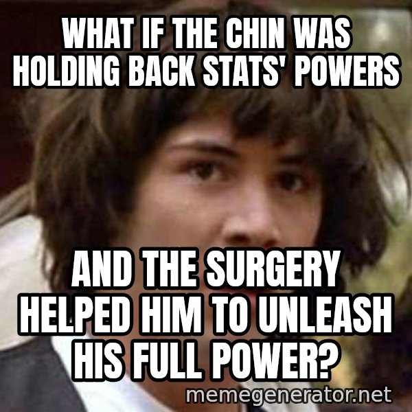 Conspiracy Keanu meme: what if the chin was holding back stats' powers / and the surgery helped him to unleash his full power?