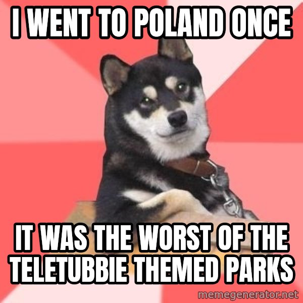 Cool Dog meme: I went to Poland once / It was the worst of the teletubbie themed parks