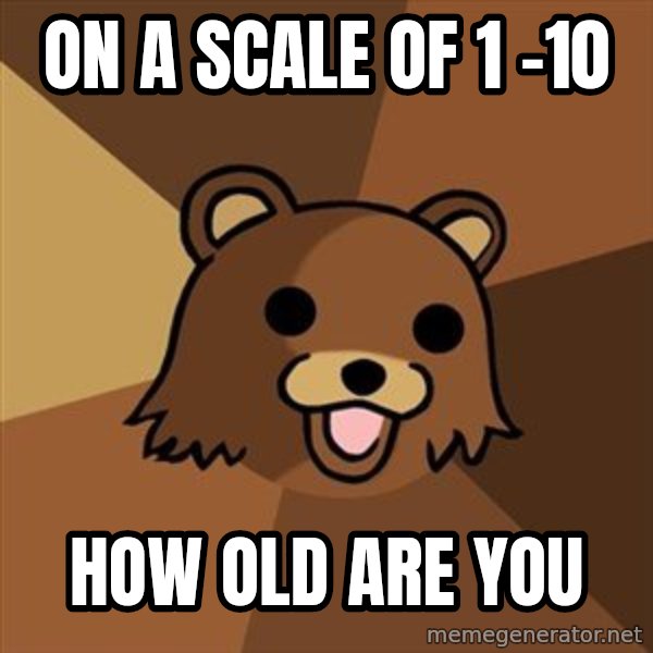 Pedobear meme: on a scale of   1 -10 / how old are you