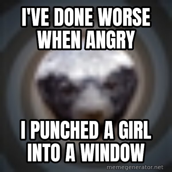 Fearless Honeybadger meme: i've done worse when angry / I punched a girl into a window