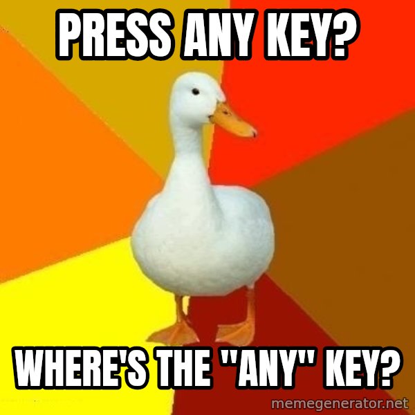 Technologically Impaired Duck meme: Press any key? / Where's the "Any" key?
