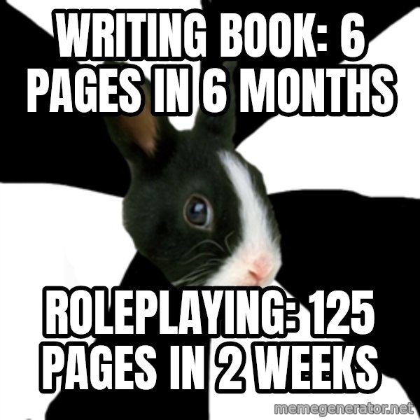 Roleplaying Rabbit meme: Writing book: 6 pages in 6 months / roleplaying: 125 pages in 2 weeks