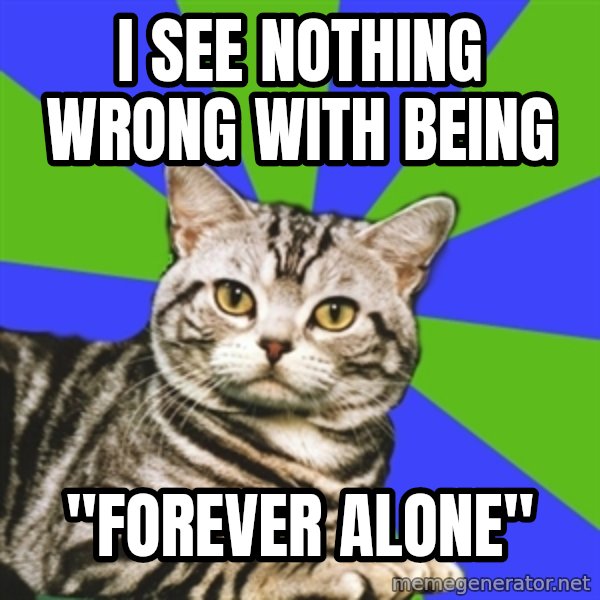 Introvert Cat meme: I SEE NOTHING WRONG WITH BEING / "FOREVER ALONE"