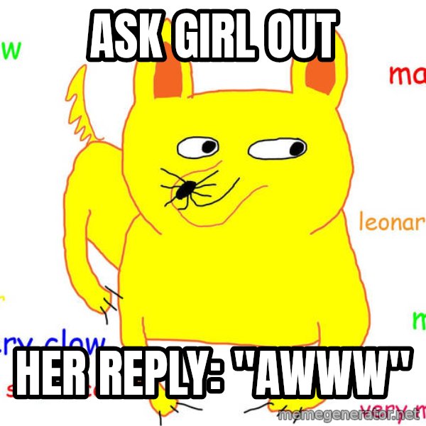 Forever Alone meme: ask girl out / her reply: "awww"