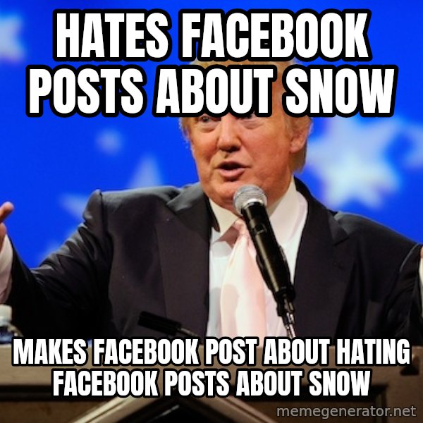 Annoying Facebook Girl meme: hATES FACEBOOK POSTS ABOUT SNOW / mAKES FACEBOOK POST ABOUT HATING FACEBOOK POSTS ABOUT SNOW