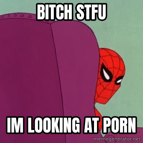 Suspicious Spiderman meme: bitch stfu / im looking at porn