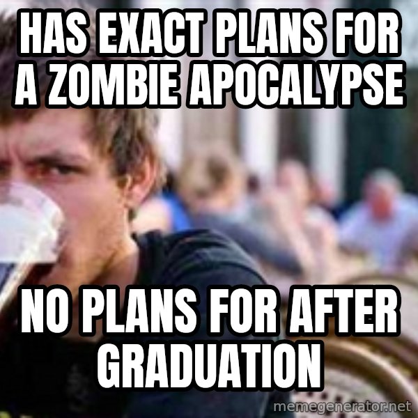 The Lazy College Senior meme: Has exact plans for a zombie apocalypse / no plans for after graduation
