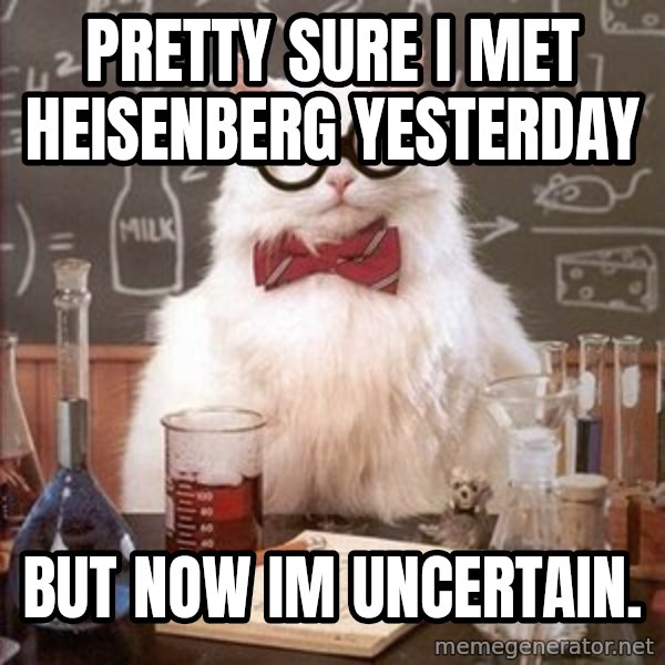 Chemistry Cat meme: pretty sure i met heisenberg yesterday / but now im uncertain.