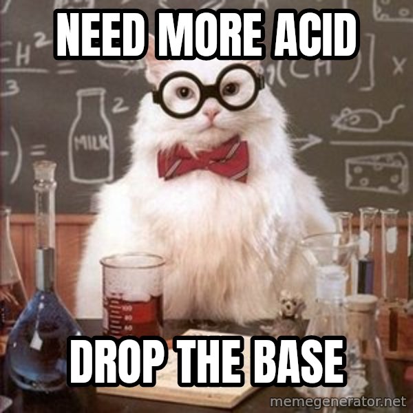 Chemistry Cat meme: need more acid / drop the base