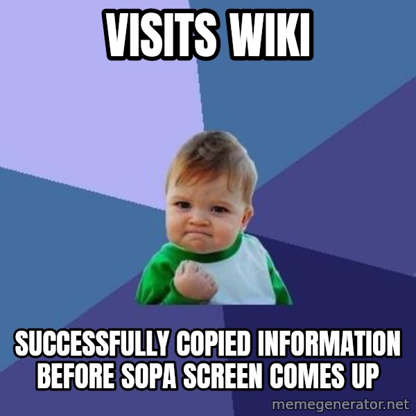 Success Kid meme: visits wiki / successfully copied information before SOPA screen comes up