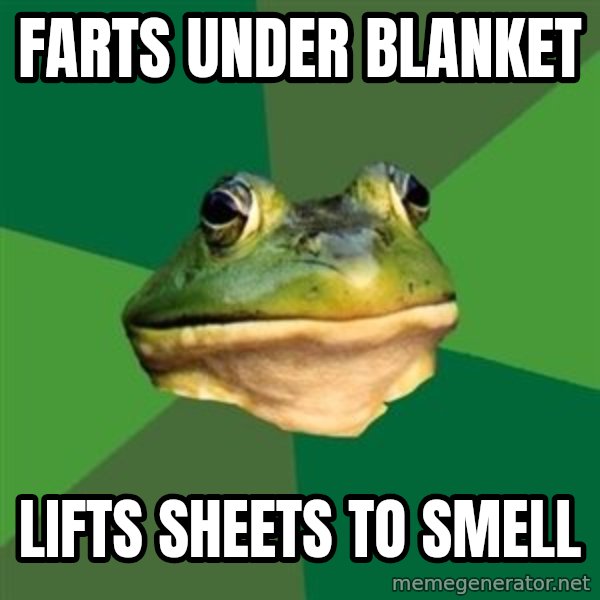 Foul Bachelor Frog meme: Farts under blanket / lifts sheets to smell