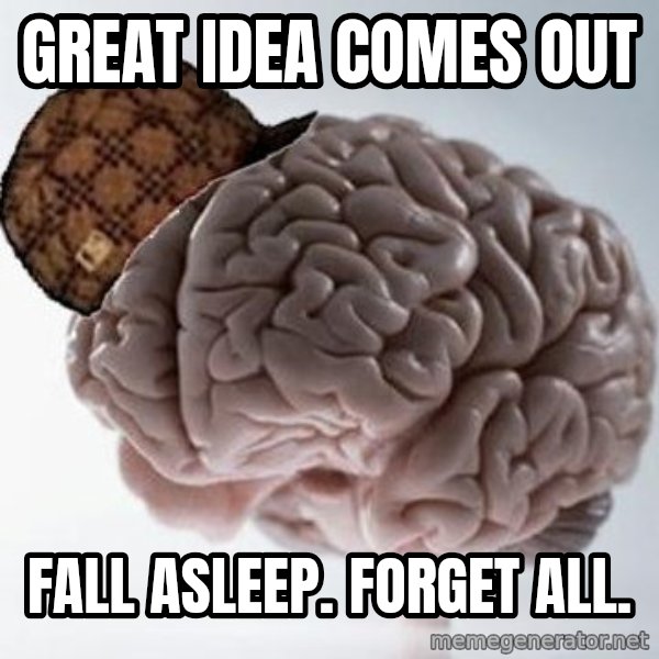 Scumbag Brain meme: great idea comes out / fall asleep. forget all.
