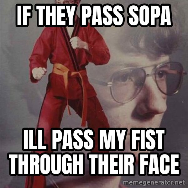 PTSD Karate Kyle meme: if they pass sopa / Ill pass my fist through their face