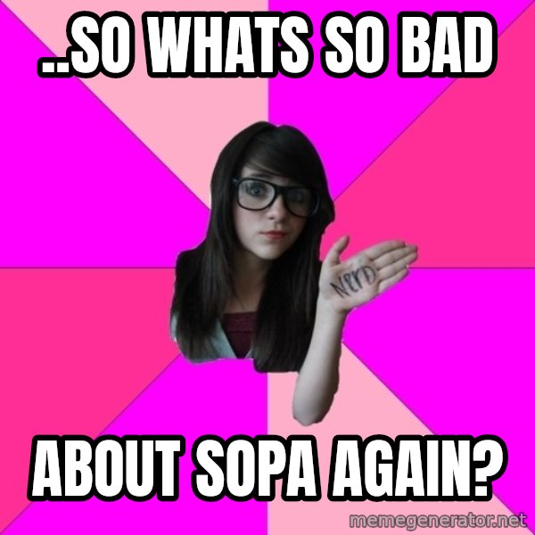 Idiot Nerd Girl meme: ..so whats so bad / about sopa again?