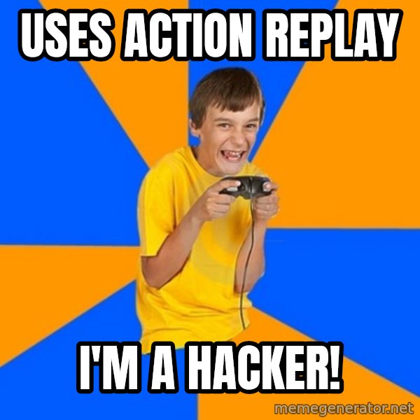 Annoying Gamer Kid meme: uses action replay / i'm a hacker!