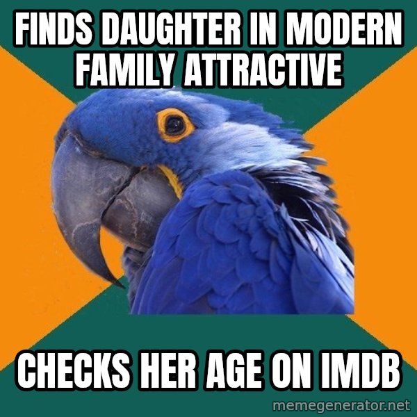 Paranoid Parrot meme: FINds daughter in modern family attractive / checks her age on imdb