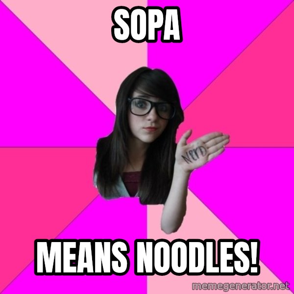 Idiot Nerd Girl meme: Sopa / Means Noodles!