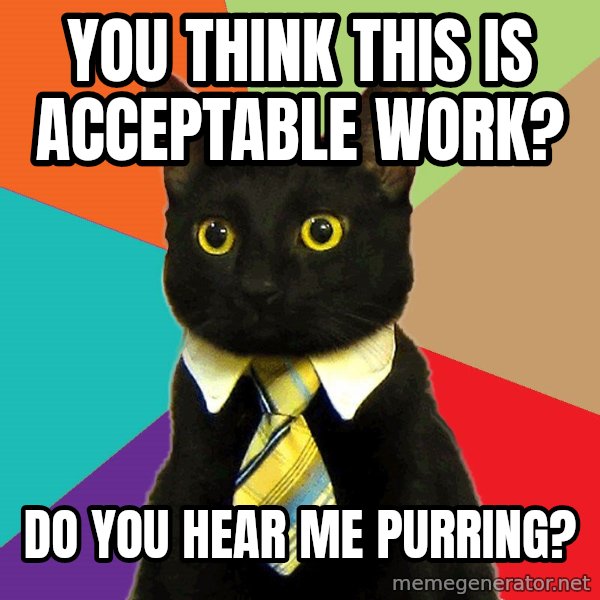 Business Cat meme: You think this is acceptable work? / Do you hear me purring?