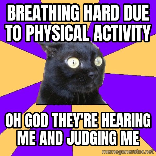 Anxiety Cat meme: Breathing hard due to physical activity / Oh god they're hearing me and judging me
