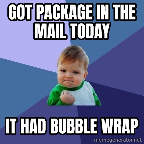 Success Kid meme: got package in the mail today / it had bubble wrap