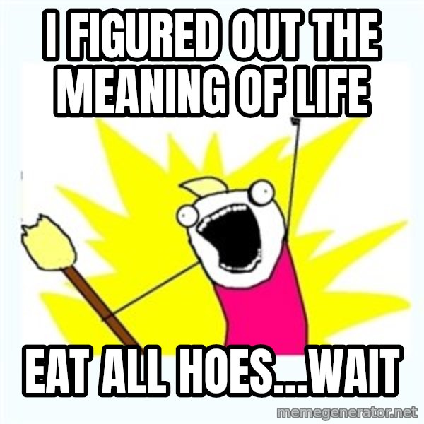 All the things meme: I FIGURED OUT THE MEANING OF LIFE / EAT ALL HOES...wait