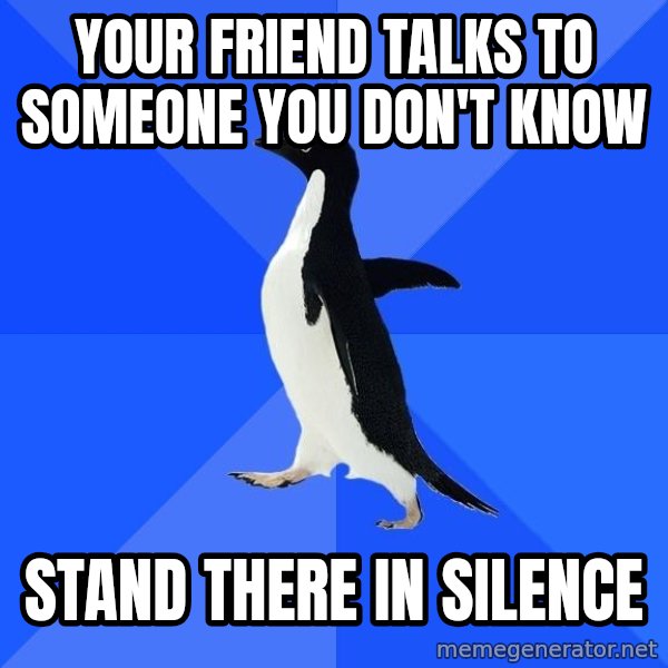 Socially Awkward Penguin meme: your friend talks to someone you don't know / stand there in silence