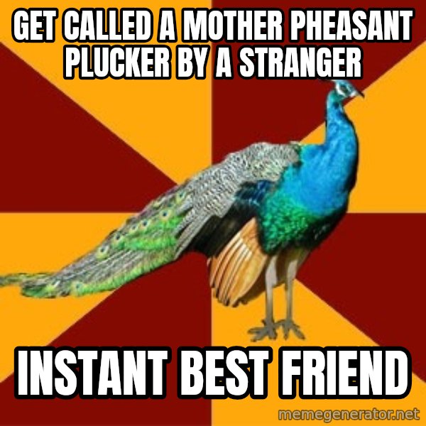 Thespian Peacock meme: Get called a mother pheasant plucker by a stranger / INSTANt best friend