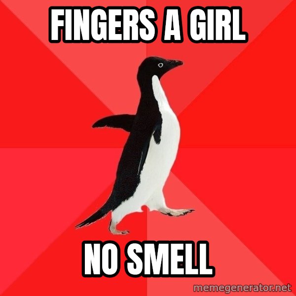 Socially Awesome Penguin meme: fingers a girl / no smell