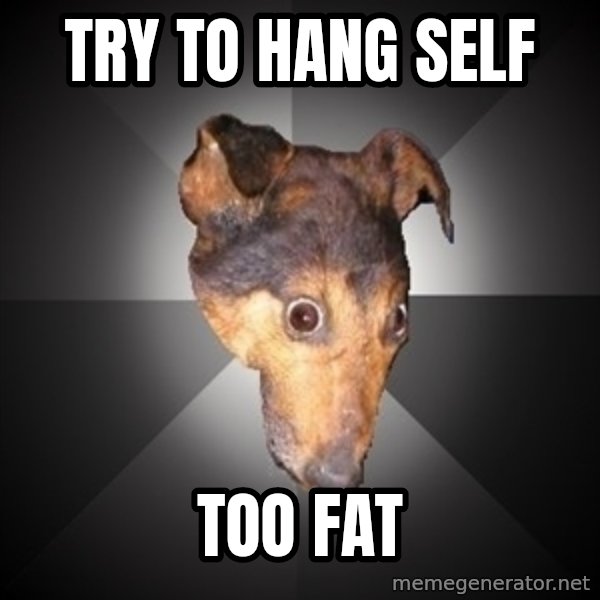 Depression Dog meme: Try to hang self / too fat